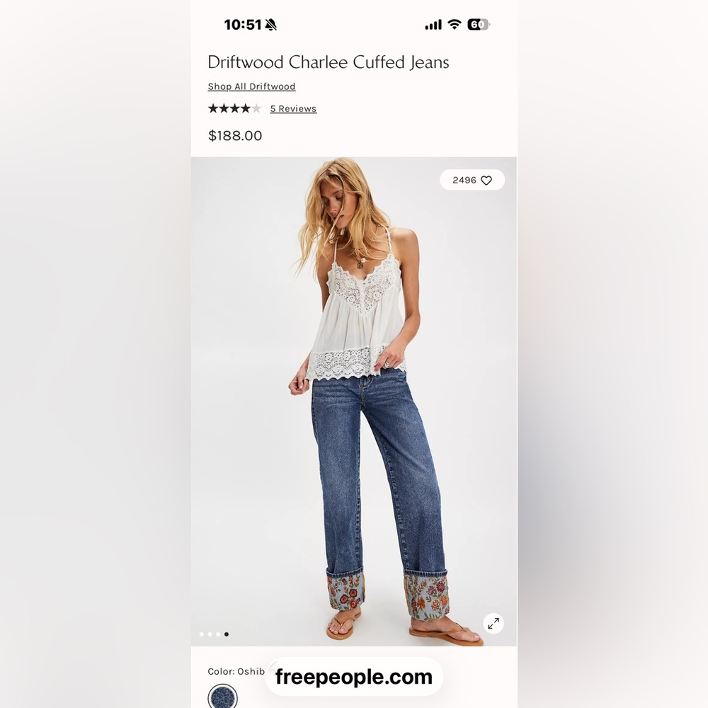 DRIFTWOOD Charlee Floral Embroidered Cuffed Denim Blue Jeans Wide Leg Mid-Rise - Picture 10 of 13